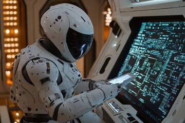 Poster - Advanced robotic operator analyzing data in a futuristic control room at night