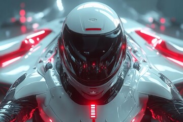 Poster - Futuristic racing suit with sleek design and integrated technology showcased in a modern environment