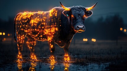Poster - A Stunning Digital Representation of a Cow Illuminated with Glowing Pixelated Patterns Against a Dark Atmosphere Evoking a Sense of Modern Artistry and Nature’s Beauty
