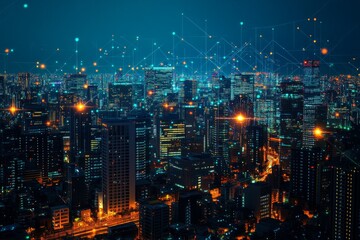 Poster - City skyline illuminated at night with network connections showcasing urban technology and modern infrastructure