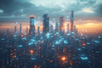 Poster - Futuristic city skyline at dusk with glowing buildings and a dramatic sky