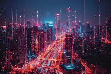Poster - City skyline illuminated by vibrant lights at night showcasing a blend of modern architecture and technology
