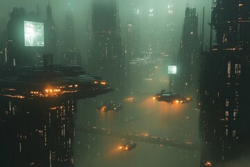 Poster - Futuristic cityscape with glowing skyscrapers and floating vehicles at twilight