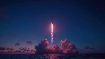 Wall Mural - a rocket ship launching upwards from a sea at sunset