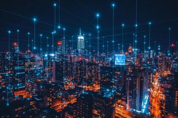 Aufkleber - Bright city lights and digital connections illuminate the skyline at night in a bustling urban landscape