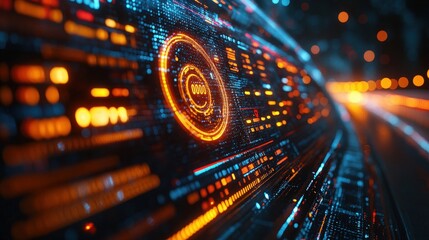 Fototapete - Futuristic Technology Background with Glowing Neon Elements and Digital Circuit Patterns for Innovation, Science, and Data Visualization Concepts