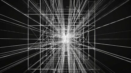 Poster - Abstract representation of a thin geometric angled architectural structure, showcasing a dynamic interplay of lines and angles against a black background.