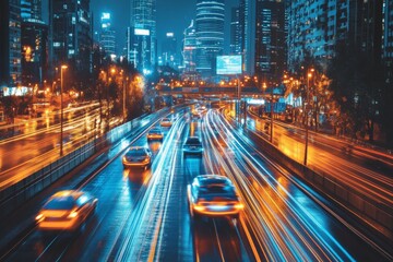 Poster - Vibrant night traffic flows through a bustling urban landscape with illuminated skyscrapers in the background