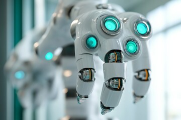 Poster - Futuristic robotic hand with glowing sensors in a modern technology space, showcasing advanced engineering and design