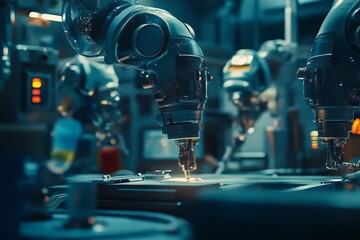 Poster - Advanced robotics in a modern manufacturing facility performing intricate tasks with precision and efficiency