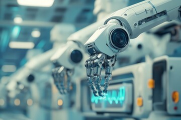 Poster - Robotic arms with cameras and advanced technology in a futuristic manufacturing facility environment
