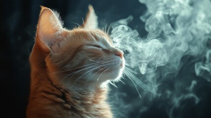 Poster - A curious orange tabby cat sits peacefully, eyes closed, amidst delicate wisps of smoke that rise and swirl around it, creating a tranquil and dreamy atmosphere