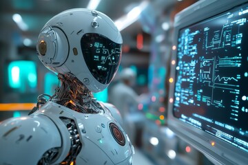 Poster - Advanced robot interacting with digital display in a futuristic laboratory setting