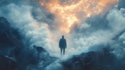 Poster - In a captivating twilight scene, a lone figure finds themselves enveloped by swirling fog and luminous flames. The intense colors create an otherworldly atmosphere, sparking curiosity