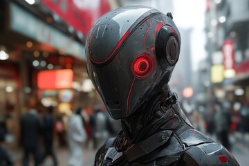 Poster - Futuristic robot character stands in busy urban environment with glowing red eyes during daylight hours