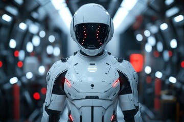 Aufkleber - Futuristic robot stands in a high-tech environment with glowing lights and sleek design elements