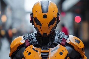 Poster - Futuristic robot in an urban setting showcasing advanced technology and design features during a bustling day