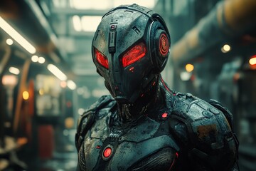 Poster - Futuristic robot with glowing red eyes in a dimly lit industrial setting showcasing advanced technology