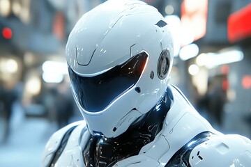 Aufkleber - Robot in futuristic design showcases advanced technology in urban setting during evening light