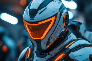 Poster - Futuristic soldier in advanced armor glowing with orange details in a high-tech environment