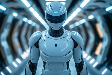 Poster - Futuristic humanoid robot stands in a sleek corridor illuminated by soft blue lights in a sci-fi setting