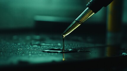 Mysterious Liquid Drop Falling: Close-Up of a Single Drop from a Glass Pipette onto a Dark, Reflective Surface. The image has a mo