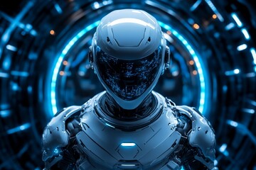 Poster - Futuristic robot standing in a glowing technological environment with intricate details and luminous patterns