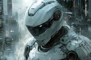 Poster - Futuristic warrior in advanced armor against a cyberpunk city skyline