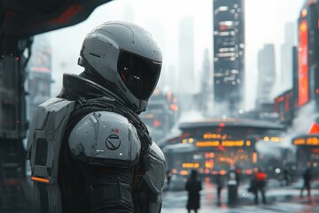 Poster - Futuristic figure stands in a bustling cyberpunk city during a rainy evening