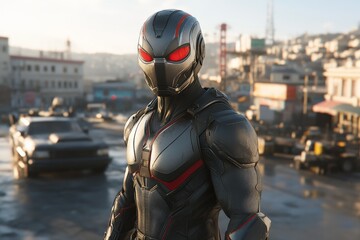 Aufkleber - Futuristic hero in sleek armor standing confidently in an urban environment at sunset