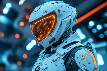 Poster - Futuristic astronaut in advanced space suit with illuminated visor inside a high-tech spacecraft environment