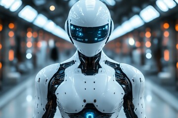 Aufkleber - Futuristic humanoid robot standing in a high-tech corridor with ambient lighting and intricate design features