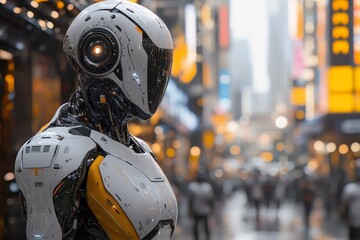 Poster - Robot stands in bustling city center showcasing advanced technology and urban life during a bright day
