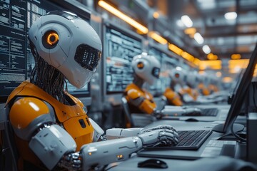 Leinwandbilder - Futuristic robots working diligently at computers in a high-tech laboratory environment