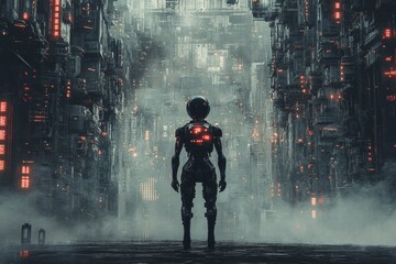 Poster - Futuristic robot exploring a neon-lit cityscape in a cyberpunk environment with dense fog and towering structures