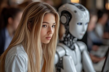 Poster - Young woman engages in collaborative work with an advanced humanoid robot in a modern tech workspace