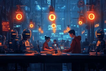 Aufkleber - Advanced technology lab with robots assisting humans in information processing and analysis at night