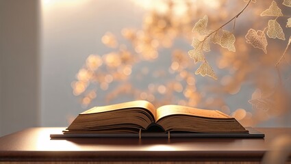 Poster - open book resting on a table with glowing background and delicate leaves during warm sunlight hours