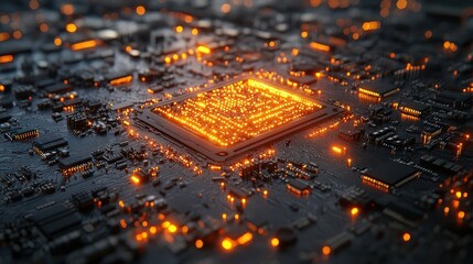 Poster - Abstract Close-Up of a Futuristic Circuit Board with Glowing Orange Elements and Detailed Microchip Design Set Against a Dark Background