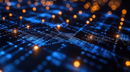 Fototapete - Abstract digital landscape featuring luminous blue grid lines and glowing orange dots, representing technology, data flow, and connectivity in a futuristic setting.