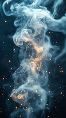 Poster - Swirling tendrils of delicate smoke rise mysteriously against a deep blue backdrop, while glowing golden flecks sparkle and float through the air, creating an enchanting atmosphere