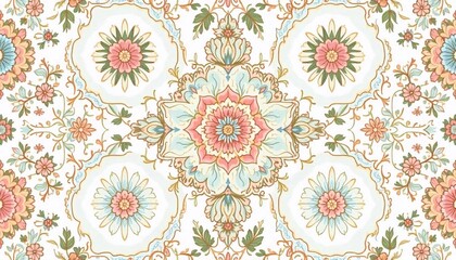 floral pattern with white, blue and green flowers, symmetrical design, vintage style, intricate deta
