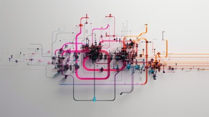 Poster - A vibrant abstract representation of a workflow and data visualization concept featuring various colored lines and complex structures, symbolizing innovative processes and technology.
