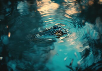 Poster - Close-Up of an Alligator's Eye Emerging from Calm Water Reflecting Colors of Sunset in a Serene Natural Habitat Setting