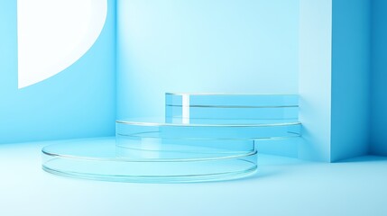 Poster - Abstract Glass Platform Minimalist Composition Blue Cylindrical Steps, Product Display, 3D Render, Background, Studio 3D rendering, product photography