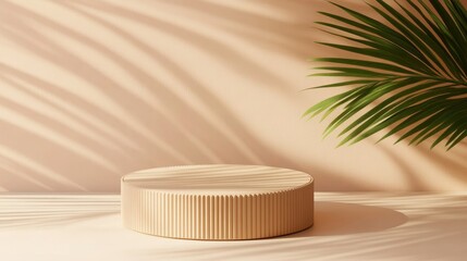 Poster - Beige Round Fluted Pedestal with Palm Shadow, Minimalist Product Display, 3D Render, Mockup, Product Photography, Branding