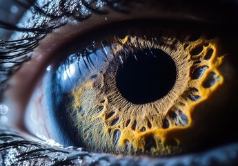 Poster - Close-up of an Intricate Human Eye with Vibrant Yellow and Blue Colors, Highlighting Unique Patterns and Textures in the Iris and Pupil