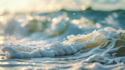 Poster - waves crashing gently on the beach during sunset with golden light reflecting on the ocean surface