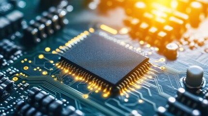 Poster - Close-Up View of Computer Circuit Board with Microchip and Glowing Lights Emphasizing Technology and Innovation