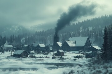 Aufkleber - Snowy village in winter with smoke rising from a wooden chimney in the wilderness